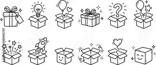 Set of outline vector ilustration of various gift boxes, some open with surprises like light bulbs, balloons, and hearts, on transparent background.