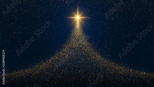 A bright shining star on top of a sparkling gold glitter christmas tree shape in a dark blue night sky with stars