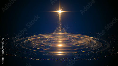 Golden light swirling in circular motion with star on dark blue background