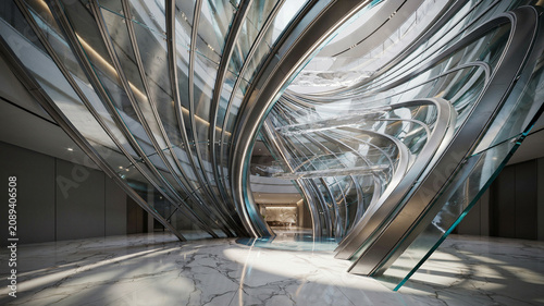Futuristic modern architecture interior with curved glass and steel structures, luxury corporate lobby with organic metallic design, contemporary office building atrium with bright light