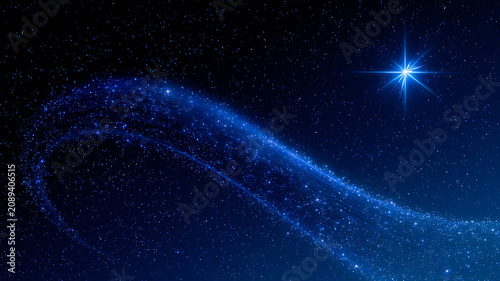 A bright star shines in a dark blue night sky with a sparkling blue streak of light