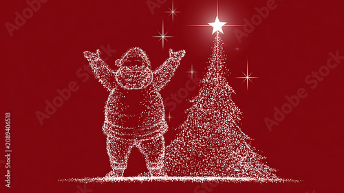 A festive illustration of santa claus standing next to a christmas tree on a red background with sparkling stars