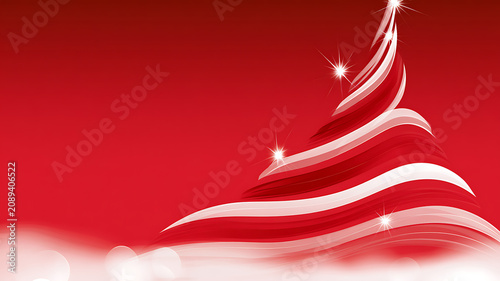 A stylized christmas tree with red and white swirls on a red background with sparkles and bokeh lights for holiday decoration