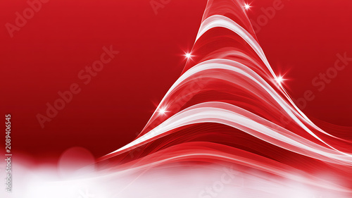Abstract red christmas tree with white swirls and sparkles on red background