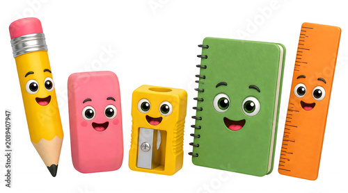 Colorful school supplies with smiling faces isolated on transparent background