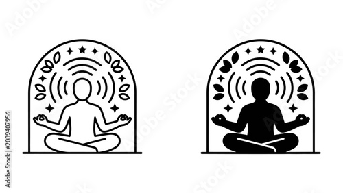 Fotografie Zen Meditation Symbol: A stylized illustration depicts a person in a meditative pose, emanating calm energy and surrounded by nature-inspired elements, representing inner peace and spiritual balance