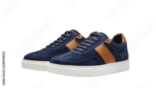 Принти на полотні Isolated pair of stylish men's navy blue suede and brown leather casual sneakers