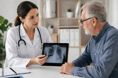 Doctor discussing chest X-ray results and treatment plan with a patient