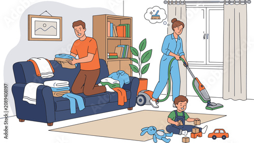 Family members perform various household cleaning tasks including folding laundry and vacuuming floors.