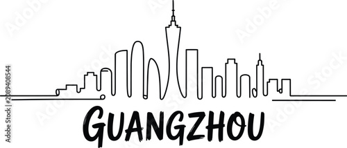 Canvastavla Guangzhou city skyline outline vector illustration with monochrome line art design of chinese urban silhouette and landmark icons