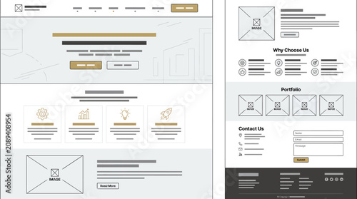Website landing page wireframe template with gold accents