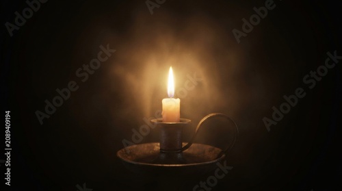 lit candle, warm flame, dim background, cozy ambiance, soft lighting