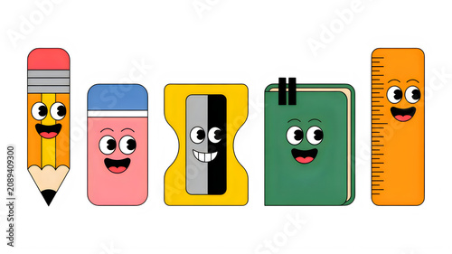 Colorful school stationery with happy faces isolated on transparent background