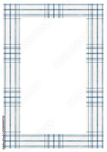 A blue-checkered frame on a light background. Watercolor illustration. Stylization of the fabric texture, isolated against the background. Perfect for invitations, menus, postcards and scrapbooking