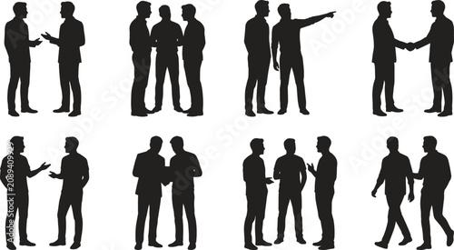 Businessmen and professionals networking vector silhouette collection featuring handshake meetings partnership and teamwork discussions