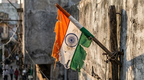 Tattered Indian flag on a weathered wall in a crowded urban setting