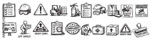 Tableau sur toile Collection of hand-drawn black and white safety icons and warning signs on a cle