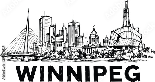 Fotografía Winnipeg skyline vector hand-drawn sketch featuring esplanade riel, canadian mus