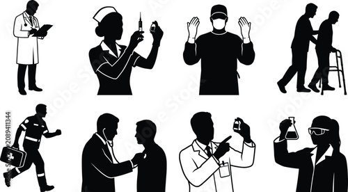 Medical professionals and healthcare workers vector silhouette collection featuring doctor nurse surgeon pharmacist and laboratory scientist