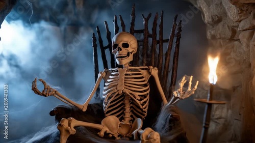Spooky skeleton on throne surrounded by eerie candlelit skulls and cobwebs