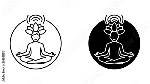 Obraz na płótnie Meditative Balance Icon: A serene figure in a meditative pose, symbolizing inner peace, mindfulness, and spiritual awakening, with a lotus flower above their head radiating energy
