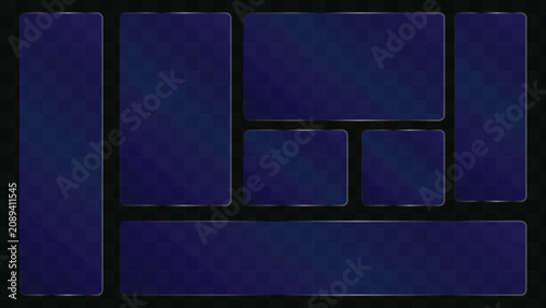 Abstract dark blue background with glowing neon frames, modern technology template with empty rectangular panels for text or images, digital interface layout with copy space