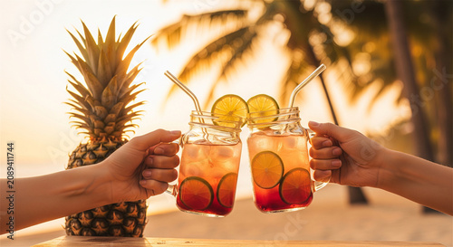 Tropical summer cocktails toast at sunset, hands holding fruit drinks on beach, exotic vacation refreshment with pineapple and palm trees