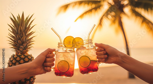 Tropical sunset cocktail toast on the beach, refreshing summer drinks in mason jars with lime, golden hour vacation celebration with pineapple