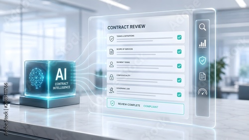 Transparent digital screen showing AI contract intelligence and automated legal review of business terms powered by artificial intelligence
