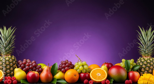 Fresh tropical fruit border on purple background, assortment of organic fruits and berries, healthy food banner with copy space