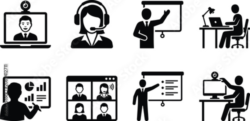 Video conferencing and online meeting vector icon set featuring remote work business presentations and webinar pictograms