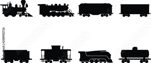 Obraz na plátně Vintage Steam Train Silhouette Collection with Freight Wagons and Railway Car Ve