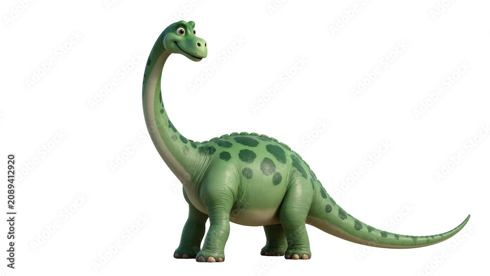 Fototapeta premium Isolated friendly cartoon green long-necked dinosaur character standing with cheerful expression