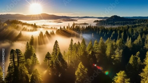 Radiant aerial sweep above redwood canopy with golden rays scattering across huge trunks