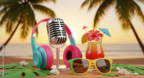 Tropical podcast concept with vintage microphone and headphones on beach. Summer radio broadcast with cocktail and sunglasses. Sunset music streaming background.