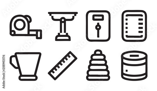 Fotografie Outline measuring tools icon set featuring tape measure scale ruler and balance equipment