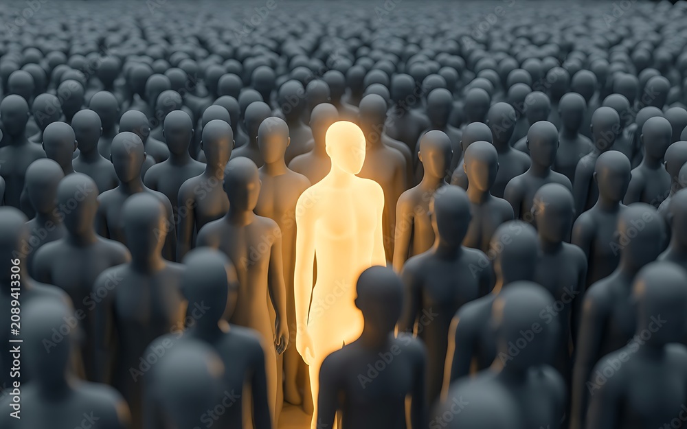 Obraz premium Glowing Unique Human Figure Standing Apart Dark Anonymous Crowd Photo