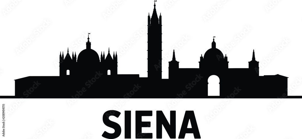 Obraz premium Siena skyline silhouette featuring the iconic cathedral dome and torre del mangia landmark buildings with bold city name lettering and Italy and duomo