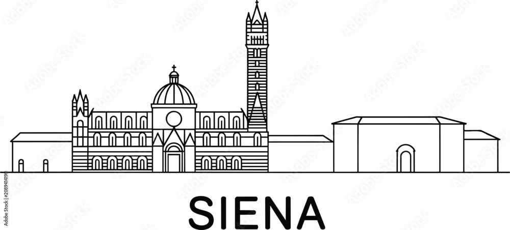 Obraz premium Siena skyline line art featuring the historic duomo cathedral and torre del mangia tower, minimalist black outline travel landmark and linear and di