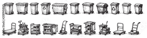 Collection of hand-drawn wheeled bins and utility carts, rendered in a detailed sketch style with black ink on a clean white background