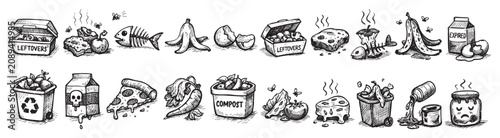 Vászonkép Various hand-drawn black and white food waste icons illustrate rotten leftovers,