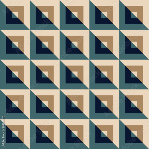 Seamless pattern created from cream and gold, and dark navy and jade, striped triangles