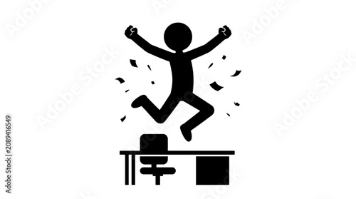 Foto Person jumping from office desk in excitement.