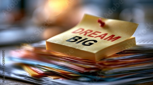Dream Big sticky note on top of a stack of papers