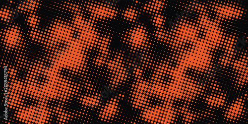 Принти на полотні Abstract two-tone background with heavily distressed black halftone dots over a vibrant orange texture, creating a raw and urban grunge effect