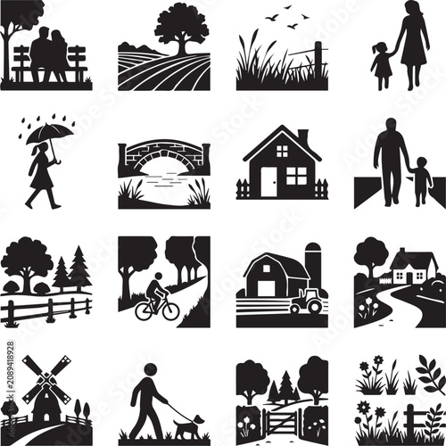 Black silhouette icons of rural landscapes and people engaging in outdoor activities
