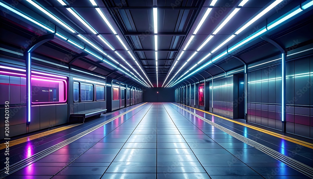 Fototapeta premium Neon lit modern subway station interior.