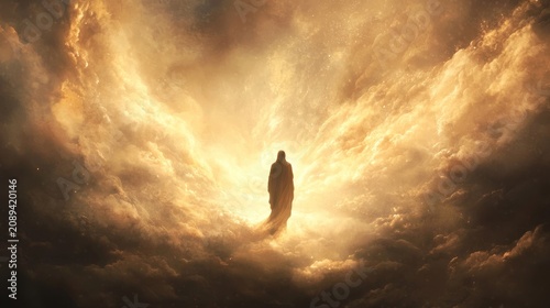 Silhouetted figure in glowing clouds.