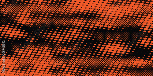 фотографія Abstract two-tone background with heavily distressed black halftone dots over a vibrant orange texture, creating a raw and urban grunge effect