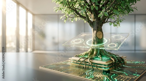 Digital Nature Concept with Tree Growing from Processor Chip
